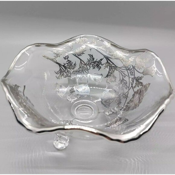 Silver City Flanders 3-Toed Footed Bowl Poppies Silver Overlay Candy Vintage - Picture 3 of 14